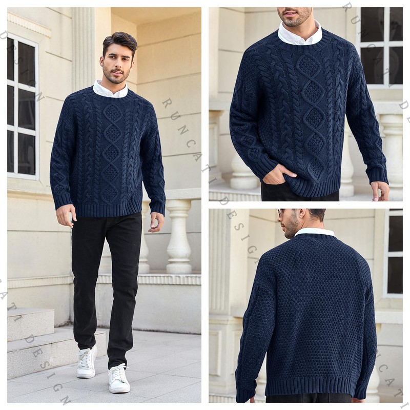 Runcati Men's Chunky Knit Cable Knit Pullover Autumn Winter Crew