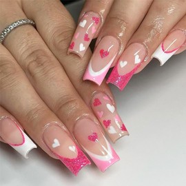 Valentines Press on Nails Long Coffin False Nails Pink Glitter French Tip Glue on Nails Glossy Deigns Heart Fake Nails Valentines Nails Tips Full Cover Acrylic Nails for Women Girls 24Pcs