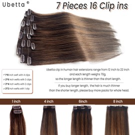 Clip in Hair Extensions Real Human Hair, Ombre Brown Balayage Ash Brown Highlights Hair Extension Real Human Hair Clip ins 14 Inch Double Weft Hair Extensions Human Hair Clip in Extensions 7pcs 70G