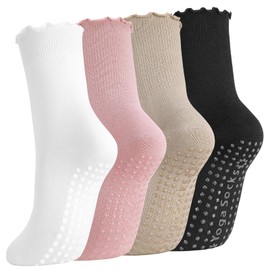 Zuimei Yoga Pilates Grip Socks, 4 Pairs Non Slip Reformer Pilates Socks Women 6-8 Breathable Ruffle Frilly Crew Sock Grippy Sock for Sport,Dance,Ballet,Running
