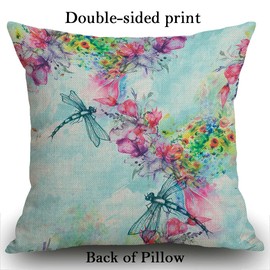 Smooffly Watercolor Flowers Dragonfly Cushion Cover Outdoor Furniture Decorative Linen Square Double Sided Printing Pillow Cover for Home Office Sofa Couch Car Garden 45 x 45cm 18 x 18 inches