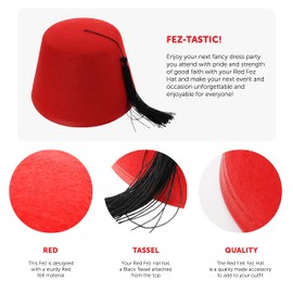 PACK OF 6 FEZ HATS RED FANCY DRESS COSTUME ACCESSORY CAPS - RED FELT FEZ WITH BLACK TASSEL - UNISEX FELT FEZ HAT FOR MEN AND WOMEN - PERFECT FOR FANCY DRESS PARTIES
