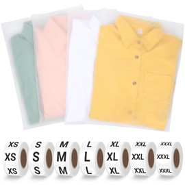 Svaldo Plastic Shirt Bags with Size Stickers for Clothing, 100PCS 14x18 inch T Shirt Packaging Bags, Clothing Bags for Hoodies, Dress, Sweater, 3500PCS Size Labels for Clothing 7 Sizes