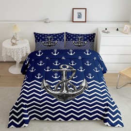 Nautical Anchor Comforter Set Queen Size Navy Blue White Geometric Stripes Bedding Set 3Pcs Kids Boys Teens Room Decor Abstract Ocean Waves Quilt Set Sea Adventure Duvet Insert,2 Pillowcases