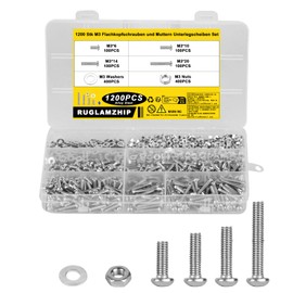 1200 Piece M3 Screw Set, Screw Set, Pan Head Screws Nuts Set, Machine Screws and Nuts and Washers Assortment Set, Phillips Screws Thread Screws Set