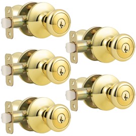 GOBEKOR 5 Pack Exterior Door Knob Polished Brass Entry Door Knob with Same Keys Keyed Alike Door Knobs with Lock Tulip Door Knob Lock