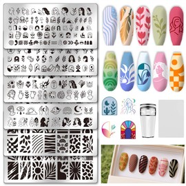 UNICRAFTALE 6Pcs Nails Stamp Plates Set Abstract Lady Face Nails Stamping Plate Boho Plant Stamp Templates Reusable Stencils Stainless Stencils Nail Art Plates with Stamp and Spacer for Nailing Design