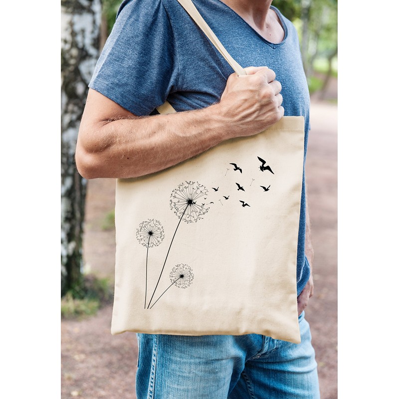 Autiga® Shopping Bag Dandelion Birds Jute Bag Natural 2 Long