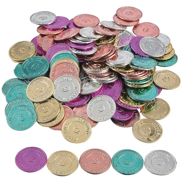 Fun Express "I Was Caught Being Good!" Plastic Coins- Bulk (144 Piece) -Classroom Incentives-Teacher Supplies