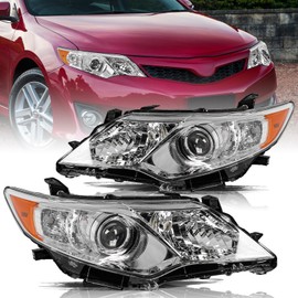 Aosky 2012 2013 2014 Camry Headlights Assembly L/Le/Xle/Hybrid/SE Driver and Passenger Side (Chrome Housing with Amber Reflector)