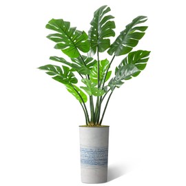Artificial Tree in Blue Gray Industrial Line Pattern Planter, Fake Monstera Silk Tree for Indoor and Outdoor Home Decoration - 65" Overall Tall (Plant Pot Plus Tree)