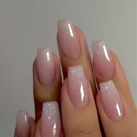 KXAMELIE Bling Gradient Pink Press on Nails Medium Short,Glitter Ombre Fake Nails Acrylic,Coffin Press on French nails Thick Glue on Nails for Women Girls in 24 PCS