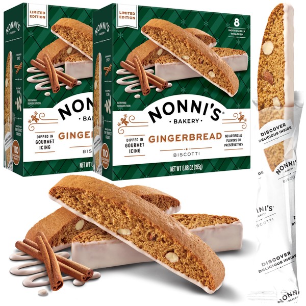 Nonni's Gingerbread Biscotti Holiday Cookies - 2 Boxes Gingerbread Cookies - Gingerbread Christmas Cookies w/Almonds & White Icing - Biscotti Individually Wrapped Cookies - Italian Cookies - 6.88 oz
