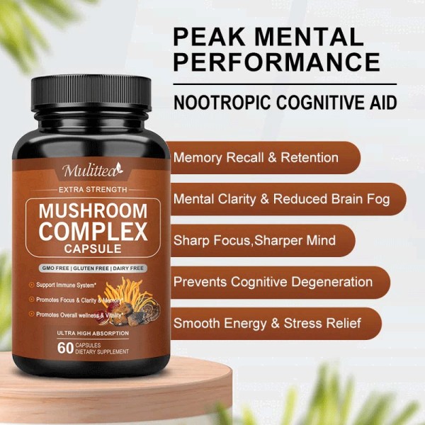 Mulittea Mushroom Complex Supplement Capsules - 10 Mushrooms Lions Mane,
