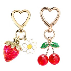 Finduat Cute Cherry Keychain Strawberry Keychain Set, Kawaii Heart Flower Daisy Bag Purse Charms for Women Car Keys Decor Gifts Stuff Accessories
