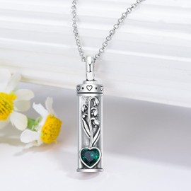 PELOVNY May Birthstone Birth Flower Urn Necklace for Ashes 925 Sterling Silver Lily of the Valley Bar Cremation Jewelry Keepsake Memorial Gifts for Women