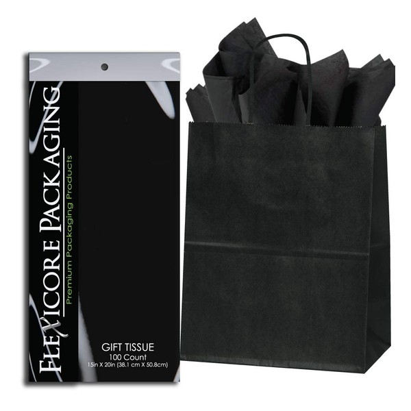 Flexicore Packaging Black Kraft Paper Gift Bags & Black Gift Wrap Tissue Paper Size: 8 Inch X 4.75 Inch X 10.5 Inch | Count: 50 Bags | Color: Black
