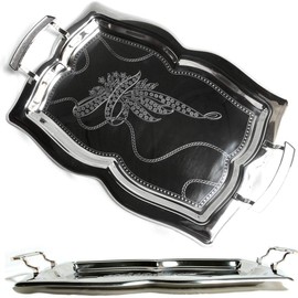 Maro Megastore (Pack of 2) 14.2" x 10" 304 Stainless Steel Serving Tray with Handle Victoria Design Decorative Style Holiday Wedding Party Bread Vegetable Food Art Deco Party Serving(Small) T2589S-2PK