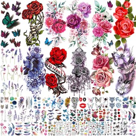 66 Blatt Aquarell Rosen Blumen Temporäre Tattoos Damen Frauen Kinder Klebetattoos Erwachsene, 3D Lavendel Schmetterling Fake Tattoos Mädchen, Realistisch Bunt Pfingstrosen Blume Tattoo Aufkleber Sets