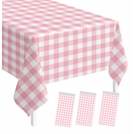 SietDESEO 3 Pack Light Pink Gingham Tablecloth Rectangle 54 x 108 Pink and White Checkered Table Cloth Disposable Plaid Table Cover Plastic for Birthday Baby Shower Picnic Wedding Party Supplies
