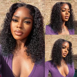 Deep Wave Lace Front Wigs Human Hair Pre Plucked 14 Inch 13 x 4 Lace Frontal Wigs Human Hair for Women 150% Density Brazilian Curly Lace Front Human Hair Wig with Baby Hair Natural Colour