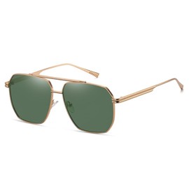 WDZAYXC Polarised Metal Frame Polygon Sunglasses for Men and Women, UV Protection, Gold/Dark Green