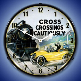Cross Crossings Cautiously Railroad Safety 2 LED Wall Clock, Retro/Vintage, Lighted, 14 inch