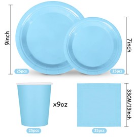 Whaline 100Pcs Light Blue Tableware Set Wedding Disposable Dinnerware Set 50Pcs Paper Plates 25Pcs Napkin 25Pcs Cups for Birthday Bride Shower Party Supplies Table Decor