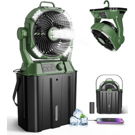 Misting Fan Portable for Outside Patios, Rechargeable Battery Operated Mist fan, Camping Mister Fan With Remote, 4 Spray Outlets, 3 Lights Modes, 4 Timers for Fishing/Golf/Garden/Party/Tent/Office