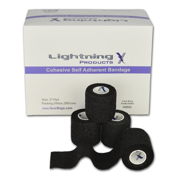 Lightning X Cohesive Self-Adherent Bandage Wrap, 24 Pack, 2" x 5yds, Stealth Black