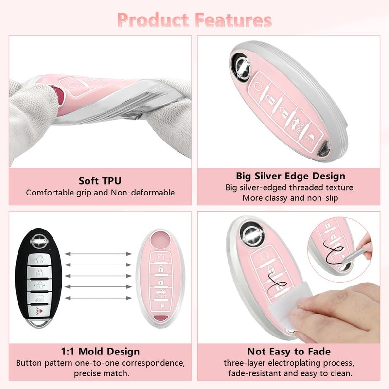 PIFOOG Key Fob Cover for Nissan 5 Button Pink Car