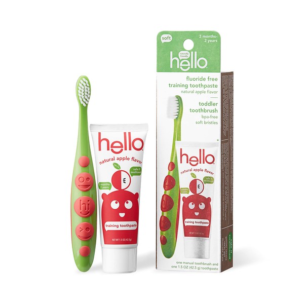 hello Toddler Training Toothpaste with Natural Apple Flavor + Kids Toothbrush, Vegan, SLS, BPA Free