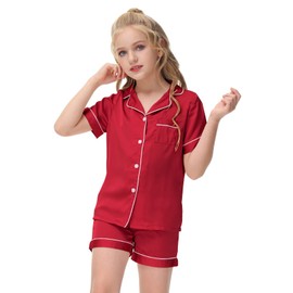 Veseacky Little Girls Boys Satin Silk Pajamas Set Button-Down 2-Piece Short Sleepwear PJs for Kids (Red,6y 7y)