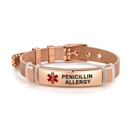 NARTGO Red Medical Alert Penicillin Allergy Bracelet for Women Men's Emergency First Aid Health Alert Rose Gold Adjustable Wristband Bracelets
