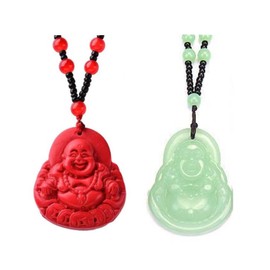 Laughing Buddha Pendant Necklace Green Black Imitation Jade Buddha Guanyin Crystal Beaded Rope Chain Gemstone Lucky Amulet Jewelry for Women Men-2pcs