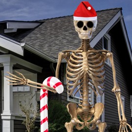 Leyndo 2 Pcs 12ft Christmas Skeleton Decorations Inflatable Candy Cane and Santa Hat Set for Christmas Party Yard Garden Skeleton Outdoor Decor