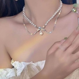 Ximdble Vintage Layered Pearl Choker Necklace Crystal Pearl Pendant Necklace Crystal Tennis Chain Necklace Rhinestone Bow Necklace Cz Sparkly Bowknot Necklace Jewelry for Women