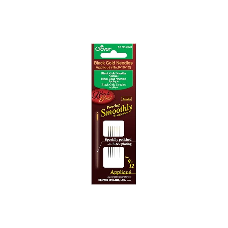 Clover Agujas de oro negro Applique/Sharps No.9/No.10/No.12, 2 Ea.