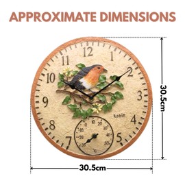 Garden Mile Robin-Design, 30 cm, Outdoor-Uhr und Thermometer für Garten, analoge Vogeluhr, Außenthermometer, runde Wanduhren für Garten, Küche, Wohnzimmer und Terrasse