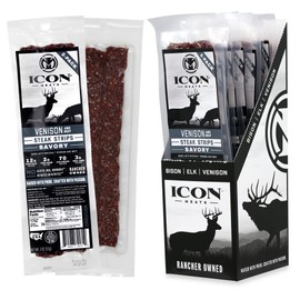 ICON Meats Venison and Beef Jerky Steak Strips, Savory, 8 High Protein Snacks Packs, 2 Strips per Pack, Low Sugar, Gluten Free, Natural, USDA Inspected, Made in the USA, Gifts & Stocking Stuffers