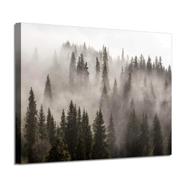 Foggy Forest Picture Wall Art: Landscape Artwork Photographic Print on Canvas for Office (45"W x 30"H,Multi-Sized)
