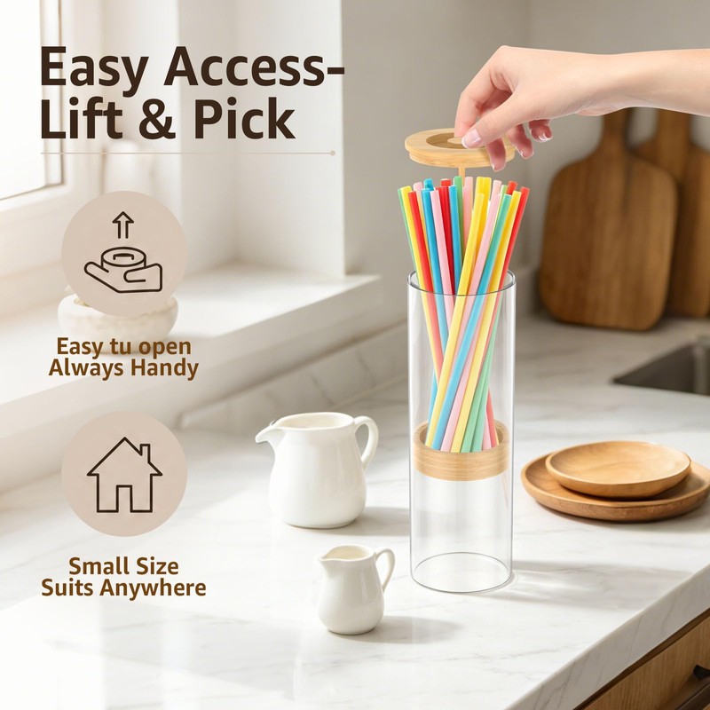 Acrylic Straw Dispenser with Bamboo Lid 25cm Clear Straw Holder