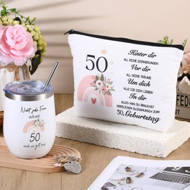 Hestya 50th Birthday Gifts for Women Including Water Cup Cosmetic Bag and Keyring 50 Years Birthday Gift Set Gift Ideas for Women Wife Mom Grandma Girlfriend, White, Fashion