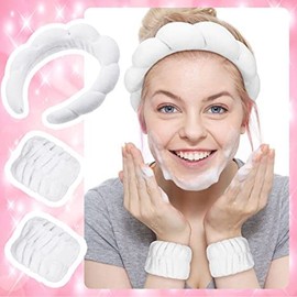 Taicols Spa Headband for Women, Girls Prevent Liquid from Spilling,Makeup Headband, Sponge & Towel Headband, Used for Facial Mask, Makeup Removal, Shower, Made of Soft & Absorbent Material, Equipped with A Pair of Spa Wrist Washband. (White)