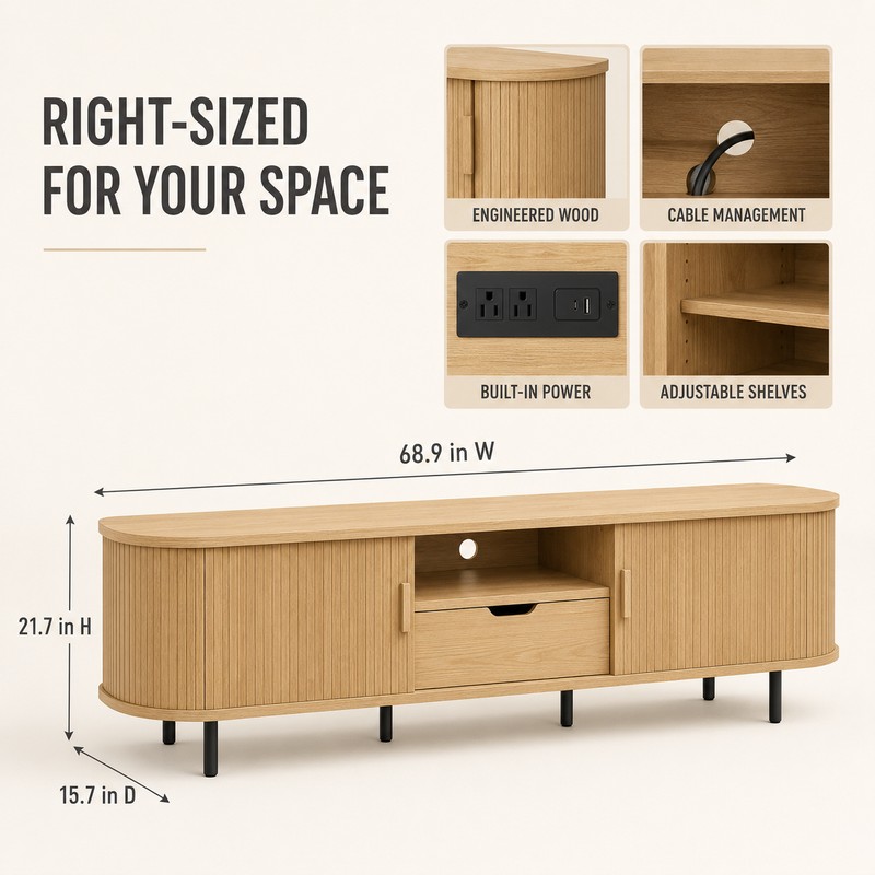 69-Inch Wood TV Stand with Power Outlet and Hidden Storage