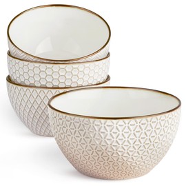 KooK Soup Bowls, Embossed, Ceramic Bowl, for Soup, Cereal and Poke, Microwave & Dishwasher Safe, Cream with Dark Copper Accents, Set of 4, 26 oz, Narbonne Collection