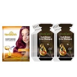 Herbishh Hair Color Shampoo 10 Sachet +1 Argan Hair Mask Pouch | 3 in 1 Hair Dye | PPD Free | Easy to Use | Gray Coverage | Travel Size | Available in