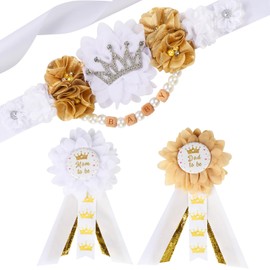 JOYMEMO White and Gold Princess Baby Shower Maternity Sash Kit - Royal Princess Baby Shower Belly Belt and Mom to Be & Dad to Be Corsage Pins, Pregnancy New Parents Photo Props Party Supplies