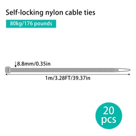 GDFYMI 40 Inch Extra Long Zip Ties, Heavy Duty Black Cable Ties 200 Lb Strong Nylon Wire Ties 20pcs