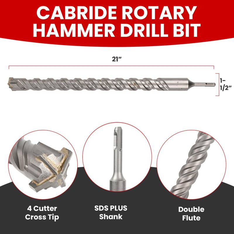 1-1/2 in X 21 in SDS Plus Bits, Rotary Hammer
